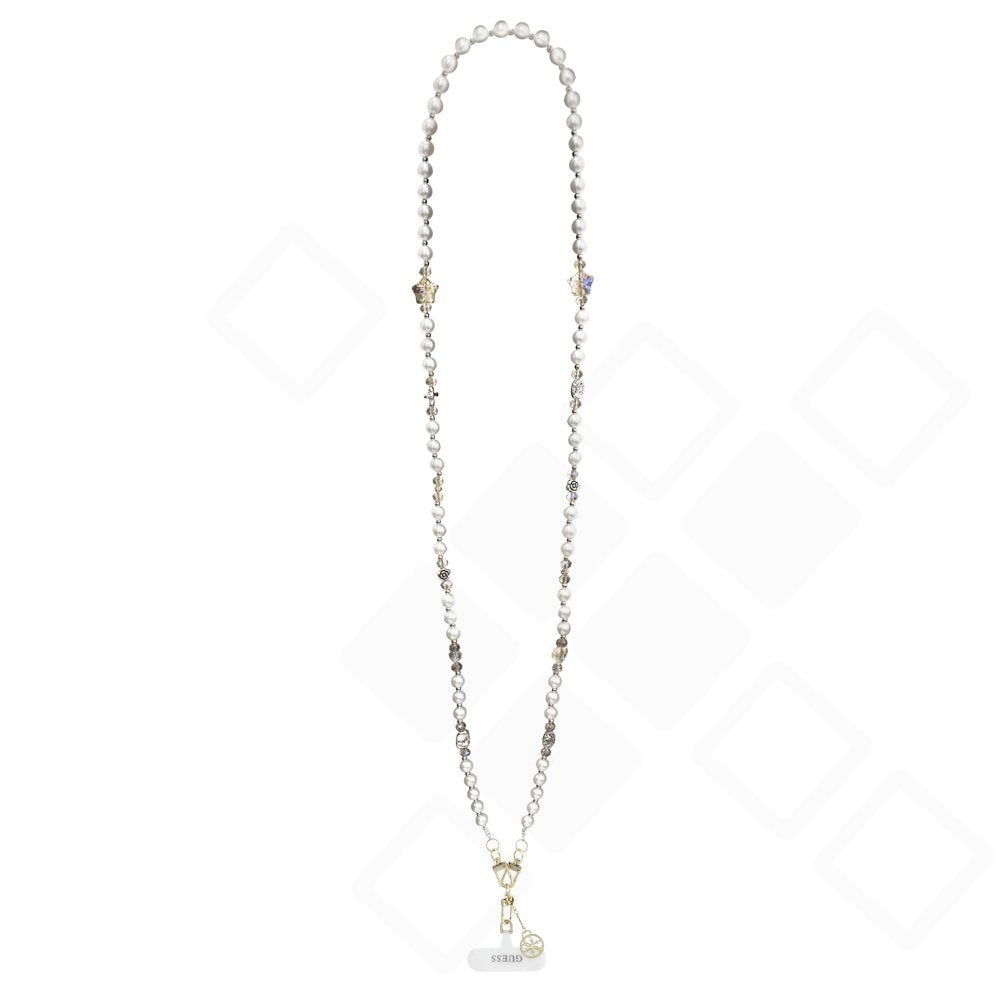 Guess Crossbody Strap Pearl & 4G Charm – Elegante Perlen-Handykette (120 cm) mit Metallanhänger & Tether Patch (Weiß)