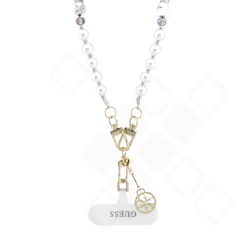 Guess Crossbody Strap Pearl & 4G Charm – Elegante Perlen-Handykette (120 cm) mit Metallanhänger & Tether Patch (Weiß)