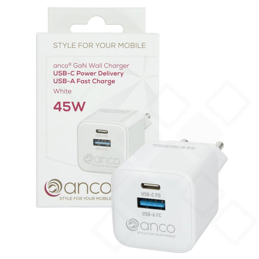 anco Dual Wall Charger 45W USB-C PD & USB-A Fast Charge – Weiß