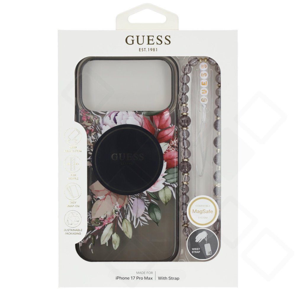 Guess IML Flowers Strap MagSafe Case für Apple iPhone 17 Pro Max – Schwarz