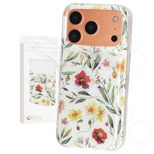 anco Flower Case iPhone 17 Pro – Bunte Blumen Hülle 2mm TPU | Weiß / Blau