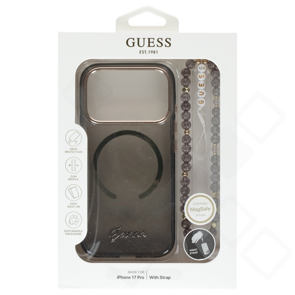 Guess IML Glitter Script Strap MagSafe Case für iPhone 17 Pro