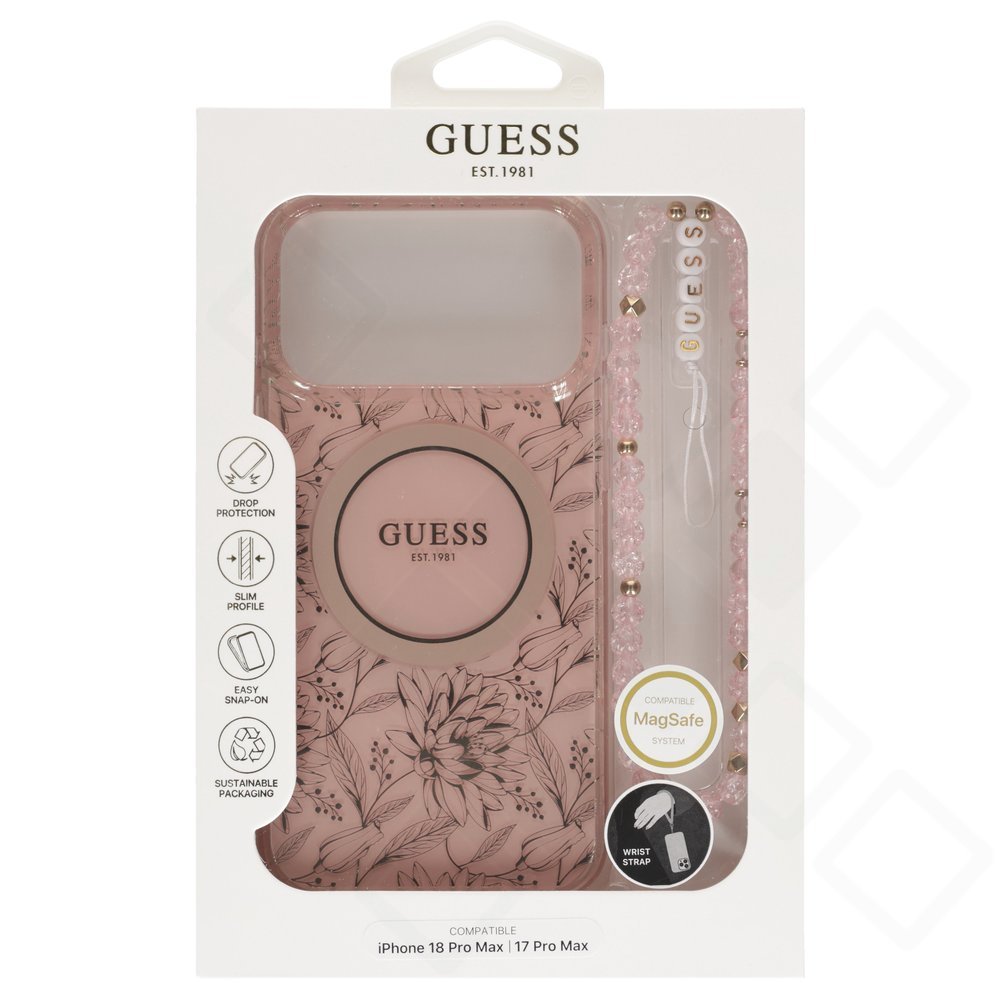 Original Guess IML Flowers Strap MagSafe Case für Apple iPhone 17 Pro Max / 18 Pro Max – Schutzhülle mit Perlen-Trageband