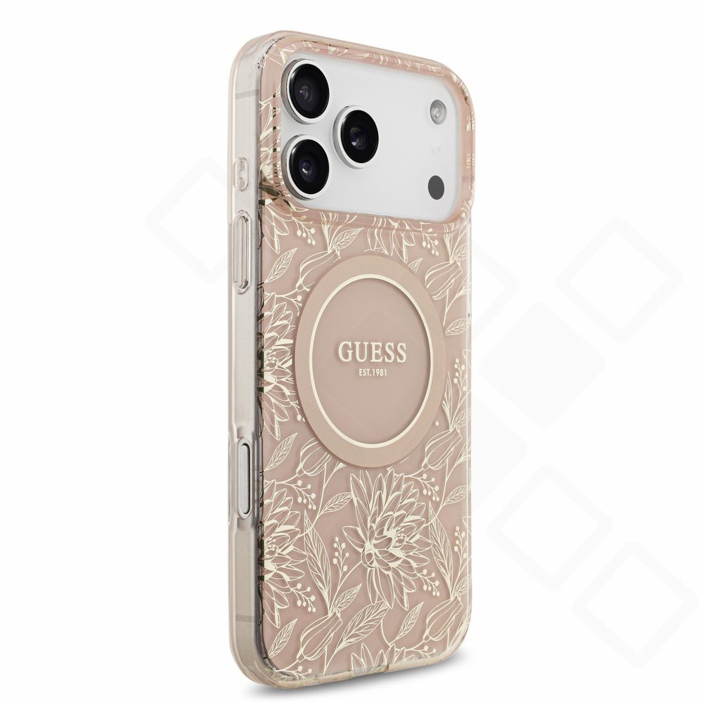 Original Guess IML Flowers Strap MagSafe Case für Apple iPhone 17 Pro Max / 18 Pro Max – Schutzhülle mit Perlen-Trageband