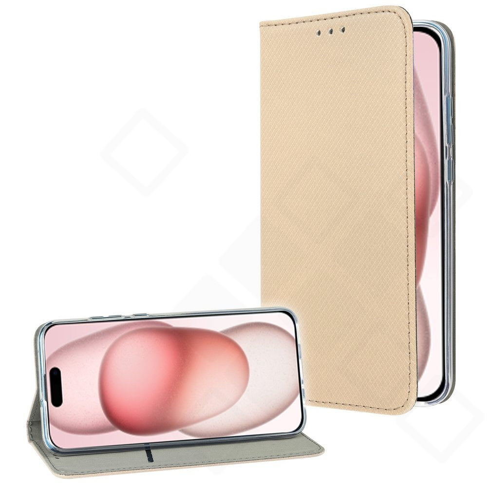 Goldenes Bookcase Basic für Apple iPhone 15 Plus mit Kartenfach und Magnetverschluss