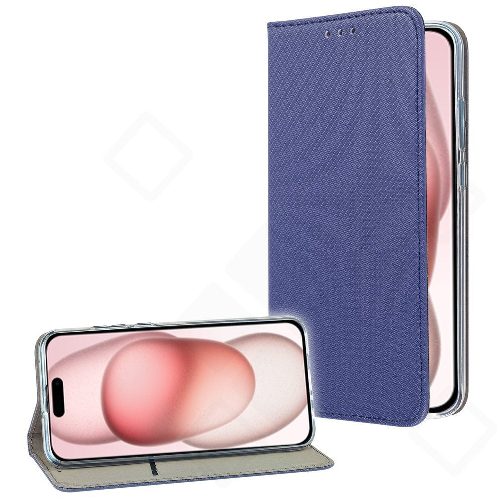 Blaues Bookcase Basic für Apple iPhone 15 Plus mit Kartenfach und Magnetverschluss