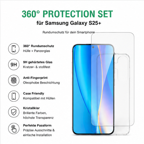 4smarts 360° Protection Set für Samsung Galaxy S25 – Schutzhülle + 9H Panzerglas Transparent