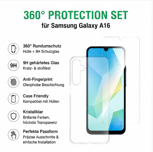 4smarts 360° Protection Set für Samsung Galaxy A16 – Schutzhülle & 9H Panzerglas Transparent