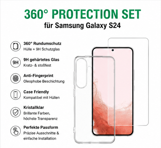 4smarts 360° Protection Set für Samsung Galaxy S24 – Schutzhülle & 9H Panzerglas Transparent
