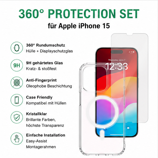 4smarts 360° Protection Set für Apple iPhone 15 – Hülle + Panzerglas