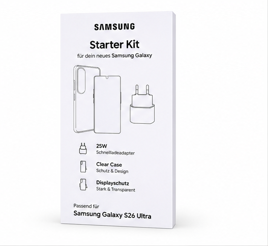 Samsung Galaxy S26 Ultra Starter Kit – Clear Case, Panzerglas & 25W Schnellladegerät