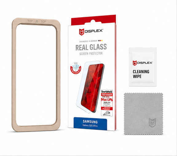 DISPLEX Real Glass Panzerglas für Samsung Galaxy S25 Ultra – 10H Displayschutz mit EASY-ON Montagerahmen