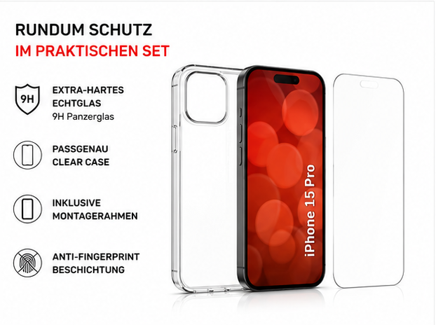 DISPLEX Real Glass + Case Set für Apple iPhone 15 Pro – Panzerglas & transparente Schutzhülle