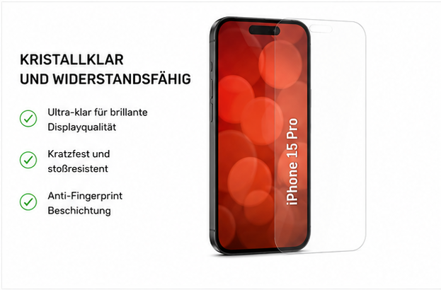 DISPLEX Real Glass + Case Set für Apple iPhone 15 Pro – Panzerglas & transparente Schutzhülle