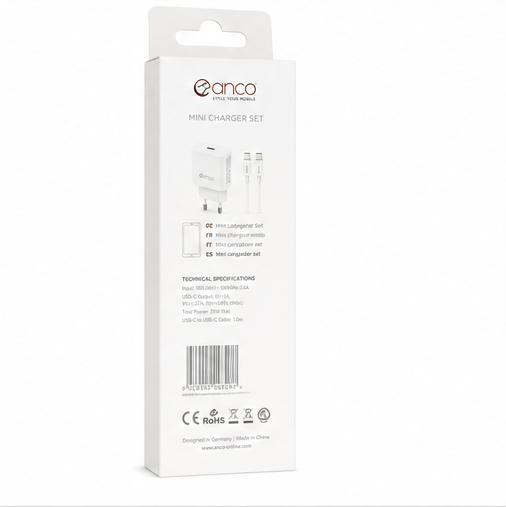 anco 20W USB-C Schnellladegerät mit USB-C Kabel – Power Delivery Ladegerät Weiß