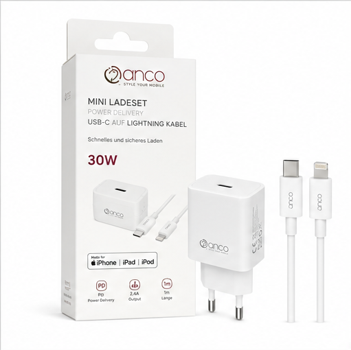 anco 30W USB-C Ladegerät mit Lightning Kabel MFi – Power Delivery Schnellladegerät Weiß