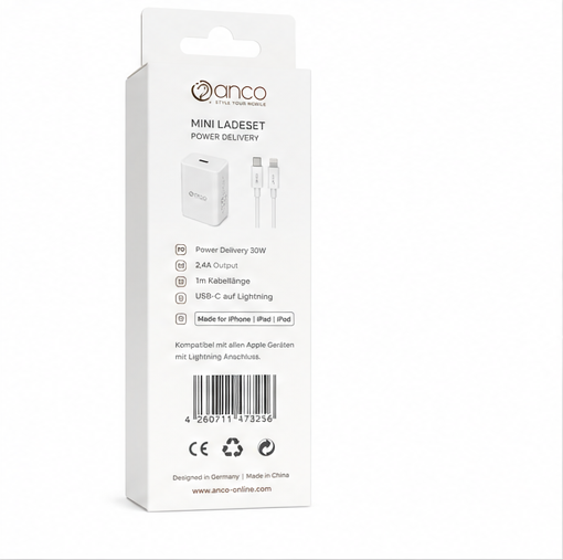 anco 30W USB-C Ladegerät mit Lightning Kabel MFi – Power Delivery Schnellladegerät Weiß