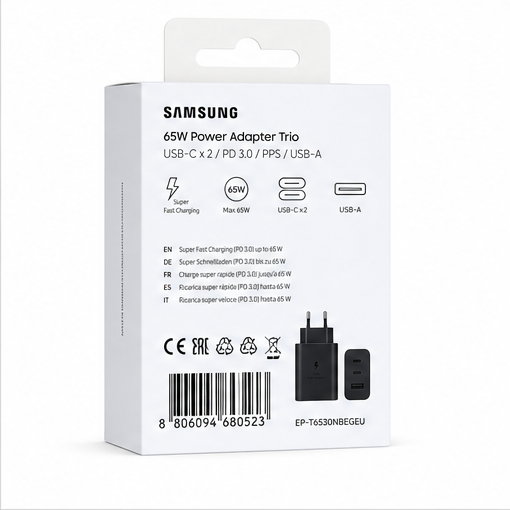 Samsung 65W Schnellladegerät Trio USB-C & USB-A Power Adapter EP-T6530NBEGEU Schwarz