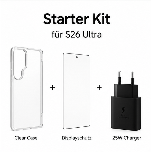Samsung Starter Kit für Galaxy S26 Ultra - Original Case, Displayschutzglas & 25W Schnellladeadapter
