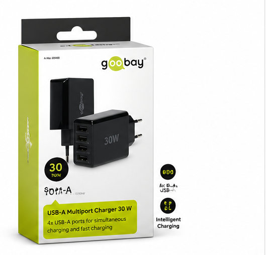 goobay USB-A Multiport Ladegerät 30W 4-Port USB Netzteil Schnellladegerät Weiß