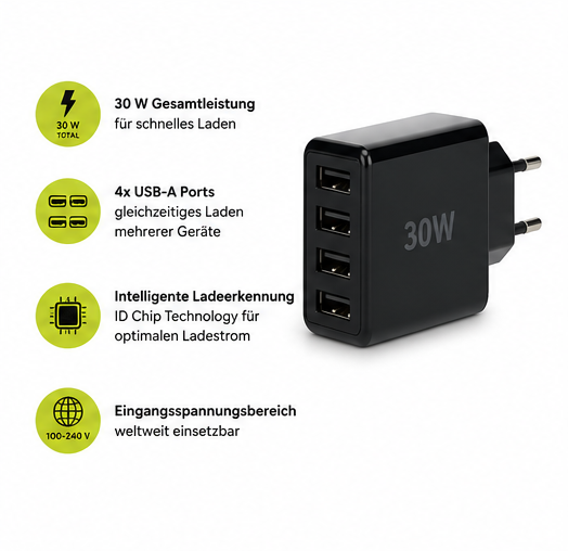 goobay USB-A Multiport Ladegerät 30W 4-Port USB Netzteil Schnellladegerät Weiß