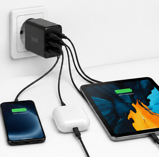 goobay USB-A Multiport Ladegerät 30W 4-Port USB Netzteil Schnellladegerät Weiß
