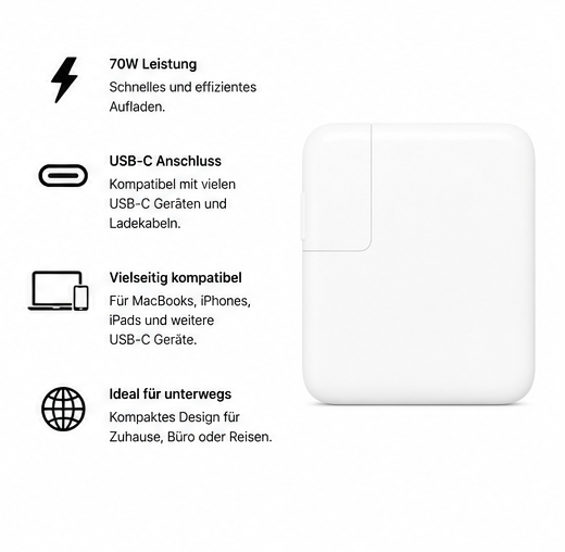 Apple 70W USB-C Power Adapter Netzteil Ladegerät – Original Schnellladegerät Weiß