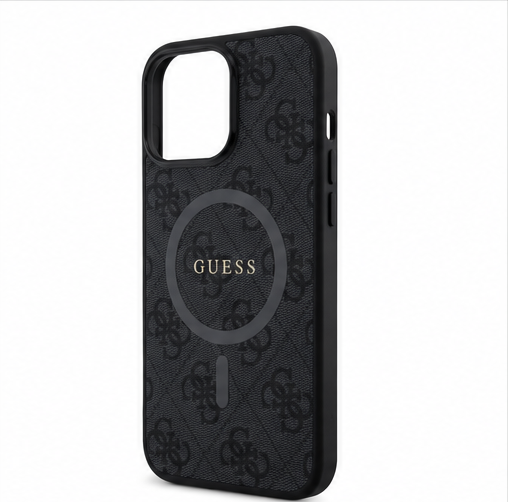 Guess MagSafe Hülle iPhone 16 Pro Max Schwarz – PU Leder 4G Ring Case Cover