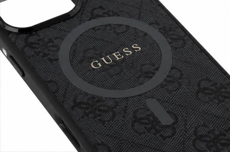 Guess MagSafe Hülle iPhone 16 Pro Max Schwarz – PU Leder 4G Ring Case Cover