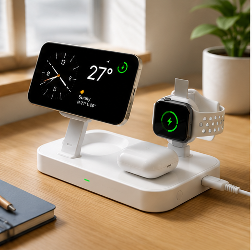 4smarts Qi2 Ladestation Trident 3in1 – MagSafe Wireless Charger für iPhone, Apple Watch & AirPods Weiß