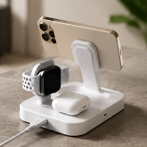 4smarts Qi2 Ladestation Trident 3in1 – MagSafe Wireless Charger für iPhone, Apple Watch & AirPods Weiß