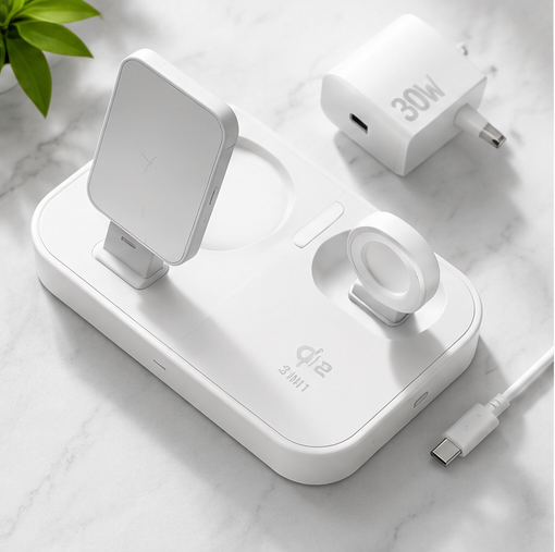 4smarts Qi2 Ladestation Trident 3in1 – MagSafe Wireless Charger für iPhone, Apple Watch & AirPods Weiß
