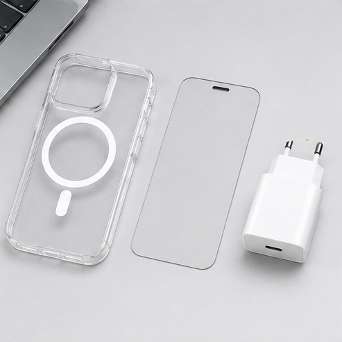 iPhone 17 Pro Max MagSafe Hülle + Panzerglas + 20W Ladegerät | 4smarts 3in1 Premium Starter Set