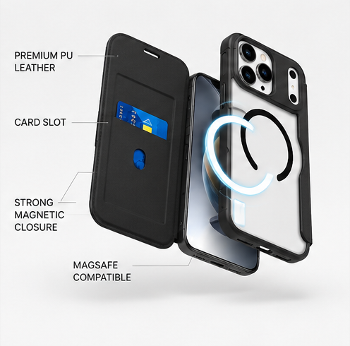 iPhone 17 Pro Max Flipcase MagSafe & Qi2 – 4smarts Urban Pro Wallet Hülle Schwarz