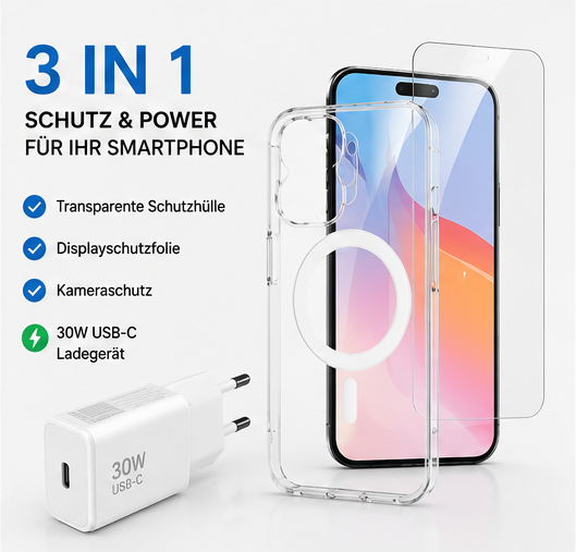 4smarts 3in1 Premium Starter Set für Apple iPhone 16 – MagSafe Hülle + Panzerglas + 30W Schnellladegerät