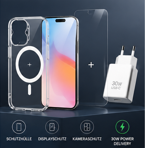 4smarts 3in1 Premium Starter Set für Apple iPhone 16 – MagSafe Hülle + Panzerglas + 30W Schnellladegerät
