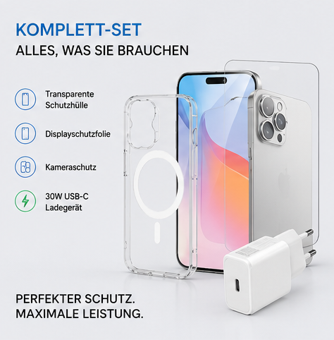 4smarts 3in1 Premium Starter Set für Apple iPhone 16 – MagSafe Hülle + Panzerglas + 30W Schnellladegerät
