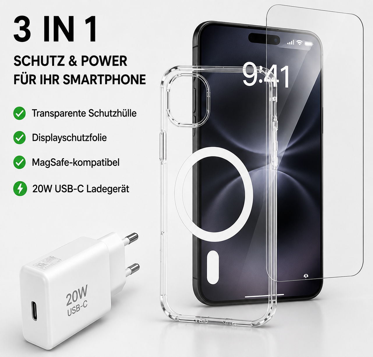 4smarts 3in1 Premium Starter Set für Apple iPhone Air – MagSafe Hülle + Panzerglas + 20W Ladegerät