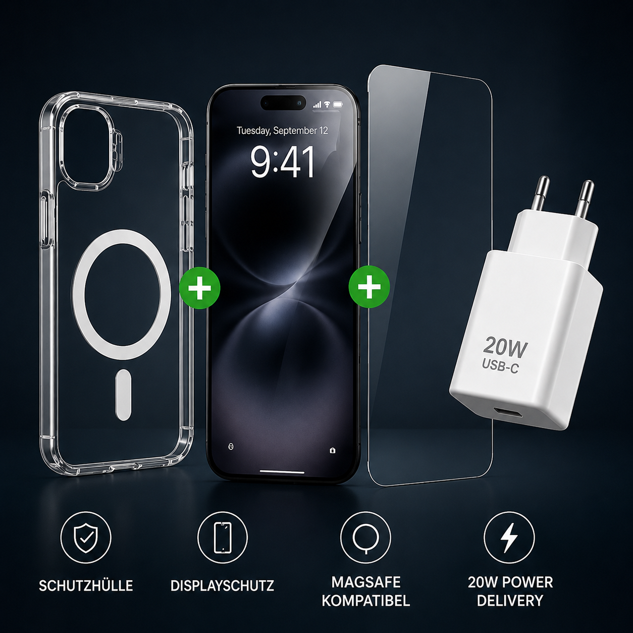 4smarts 3in1 Premium Starter Set für Apple iPhone Air – MagSafe Hülle + Panzerglas + 20W Ladegerät