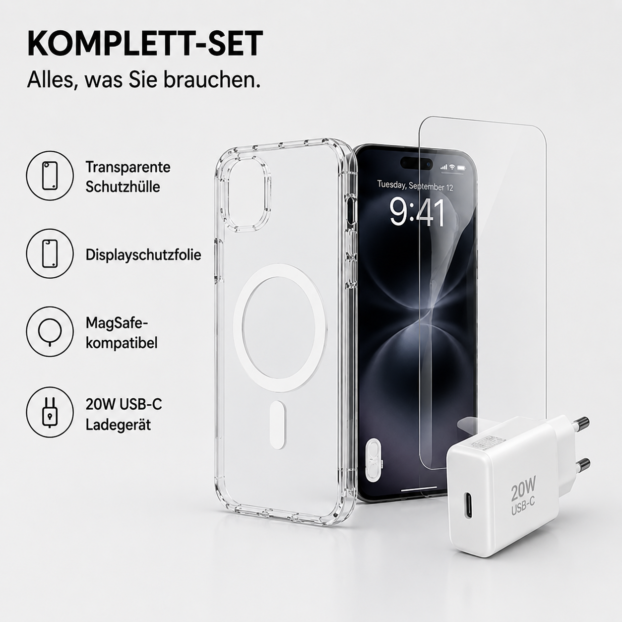 4smarts 3in1 Premium Starter Set für Apple iPhone Air – MagSafe Hülle + Panzerglas + 20W Ladegerät