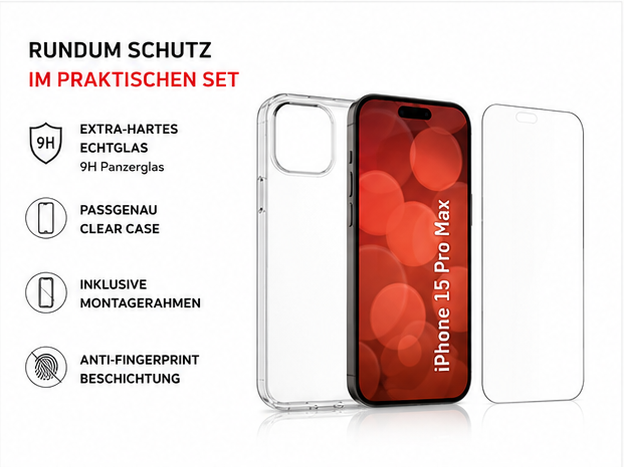 DISPLEX Real Glass + Case Set für Apple iPhone 15 Pro Max – Panzerglas & Schutzhülle 10H