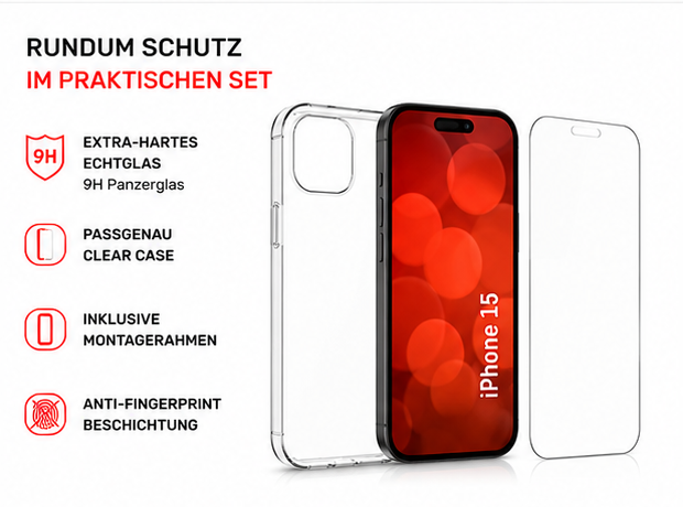 DISPLEX Real Glass + Case Set für Apple iPhone 15 – Panzerglas & Schutzhülle 10H Displayschutz