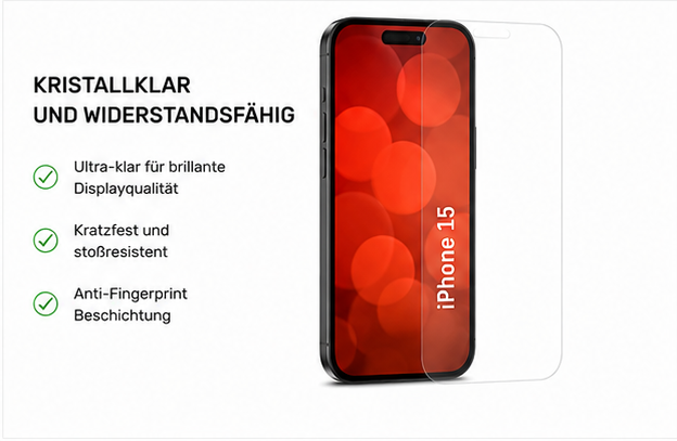 DISPLEX Real Glass + Case Set für Apple iPhone 15 – Panzerglas & Schutzhülle 10H Displayschutz