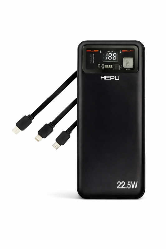 HEPU Powerbank 10.000 mAh 22,5W – mit USB-C, Lightning & Micro-USB Kabel