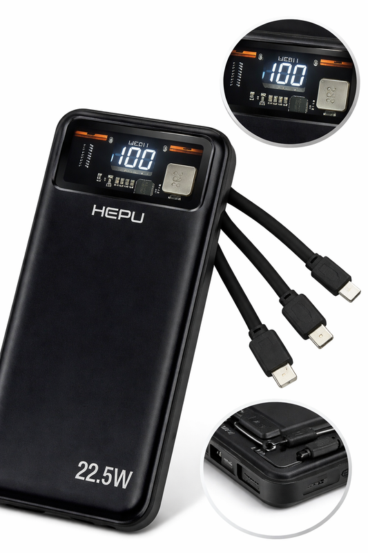 HEPU Powerbank 10.000 mAh 22,5W – mit USB-C, Lightning & Micro-USB Kabel