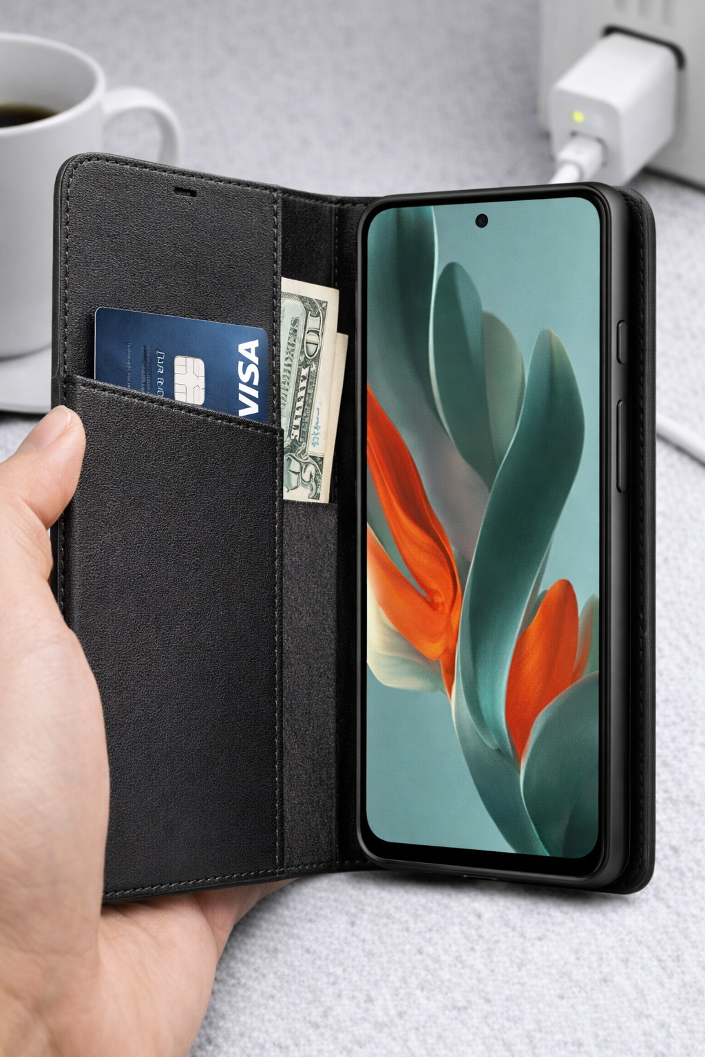 Basic Magnetic Bookcase für Google Pixel 9 / 9 Pro – Schwarze Lederhülle mit Kartenfach
