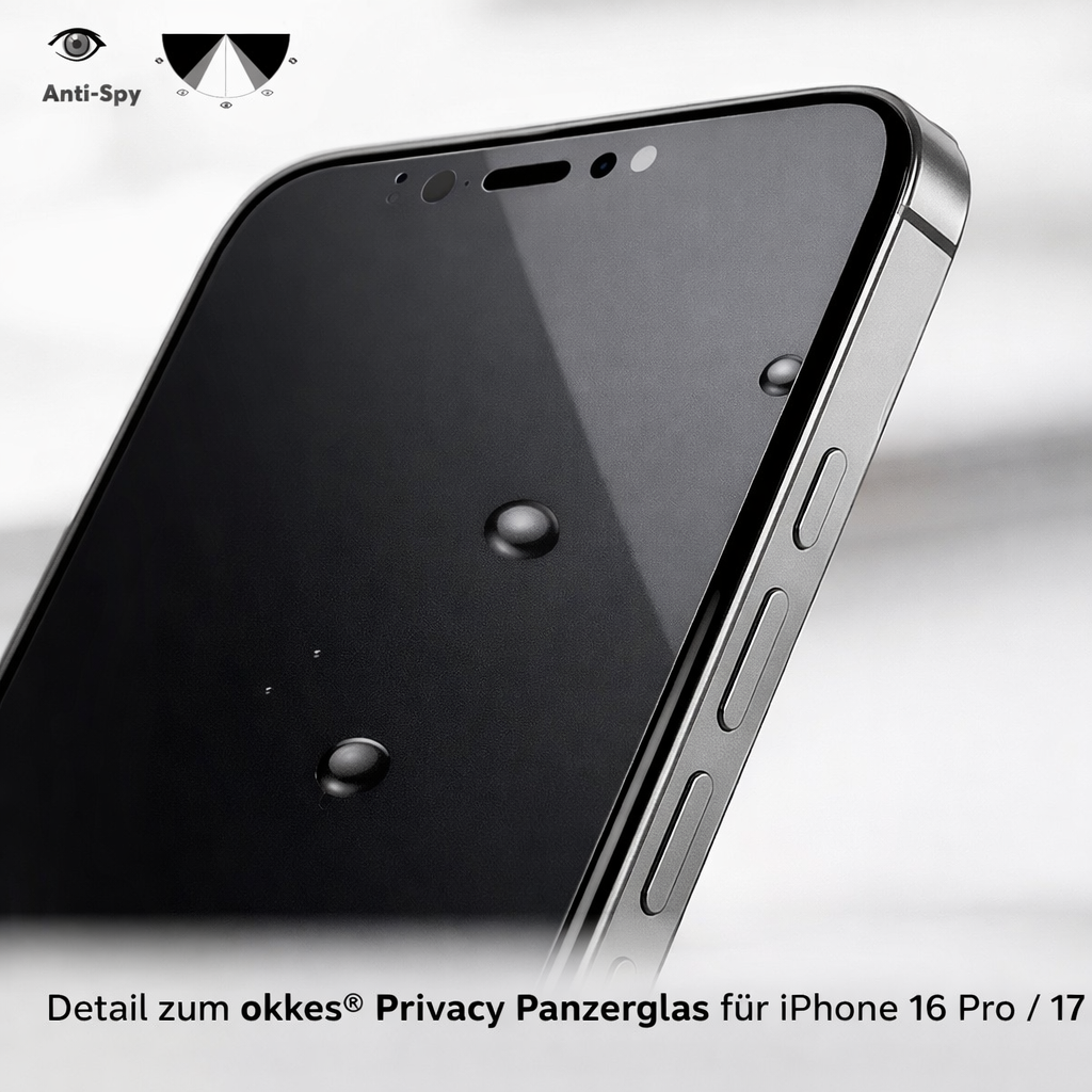 okkes Privacy Panzerglas 3D für iPhone 16 Pro / 17 – Blickschutz
