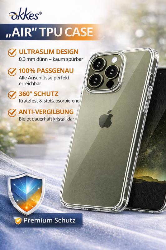 okkes AIR TPU Case für iPhone 16 Pro – Transparent