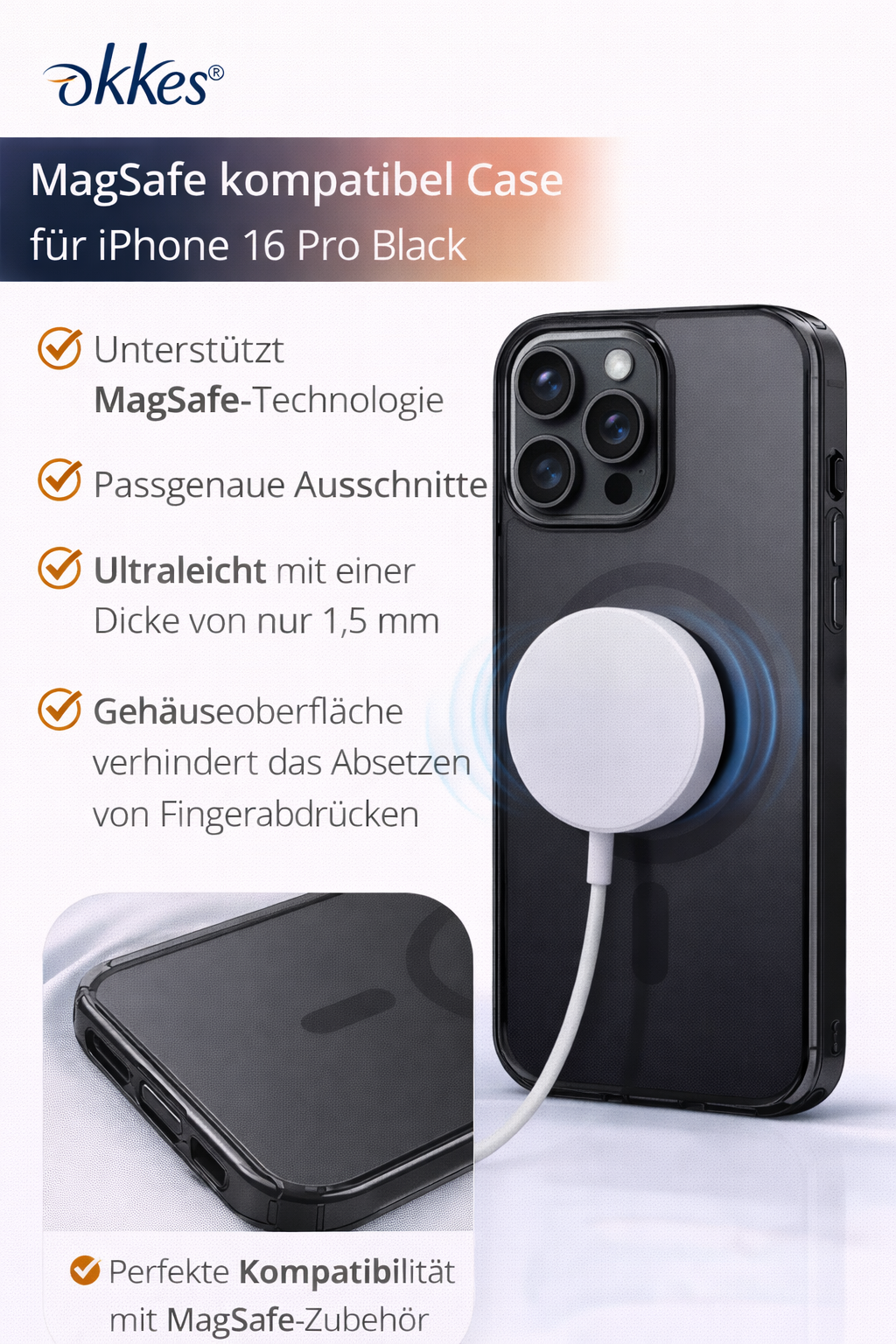 OKKES MagSafe Hülle für iPhone 16 Pro – Dünnes Case 1,5 mm