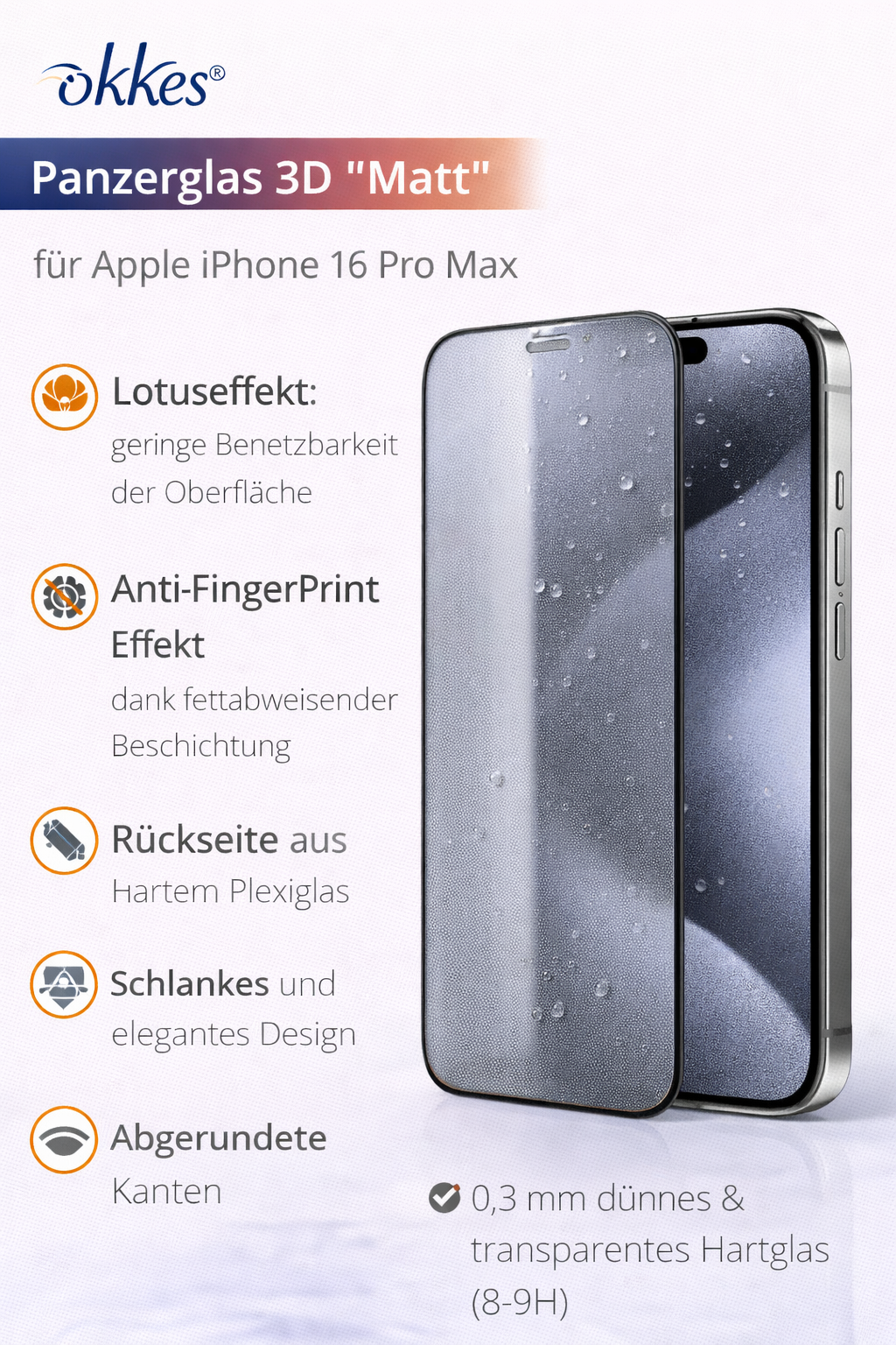 okkes 3D Matt Panzerglas für iPhone 16 Pro Max – Anti-Fingerprint